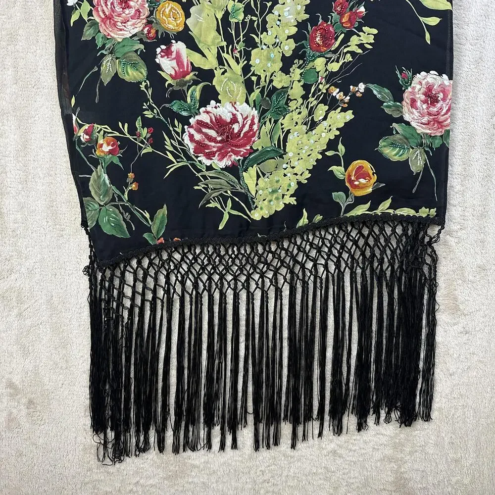 Kay Unger Silk Scarf Womens Black Chiffon Beaded Rose Floral Fringe 80